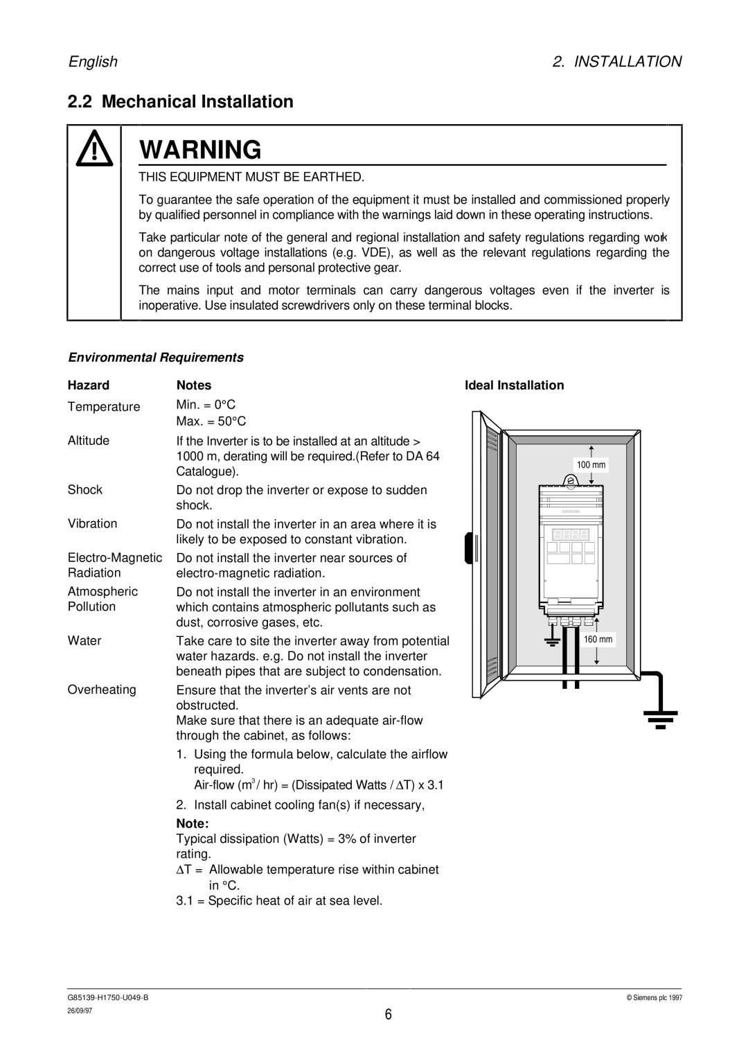 Siemens G85139 operating instructions Mechanical Installation, Hazard, Ideal Installation 