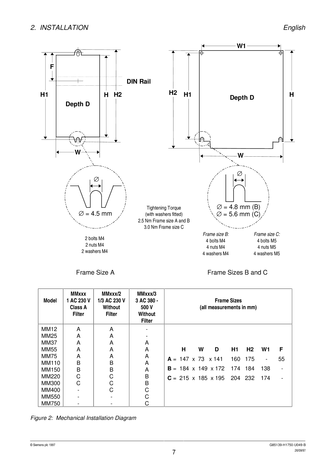 Siemens G85139 operating instructions MMxxx MMxxx/2 Model, MMxxx/3 500, Frame Sizes All measurements in mm 