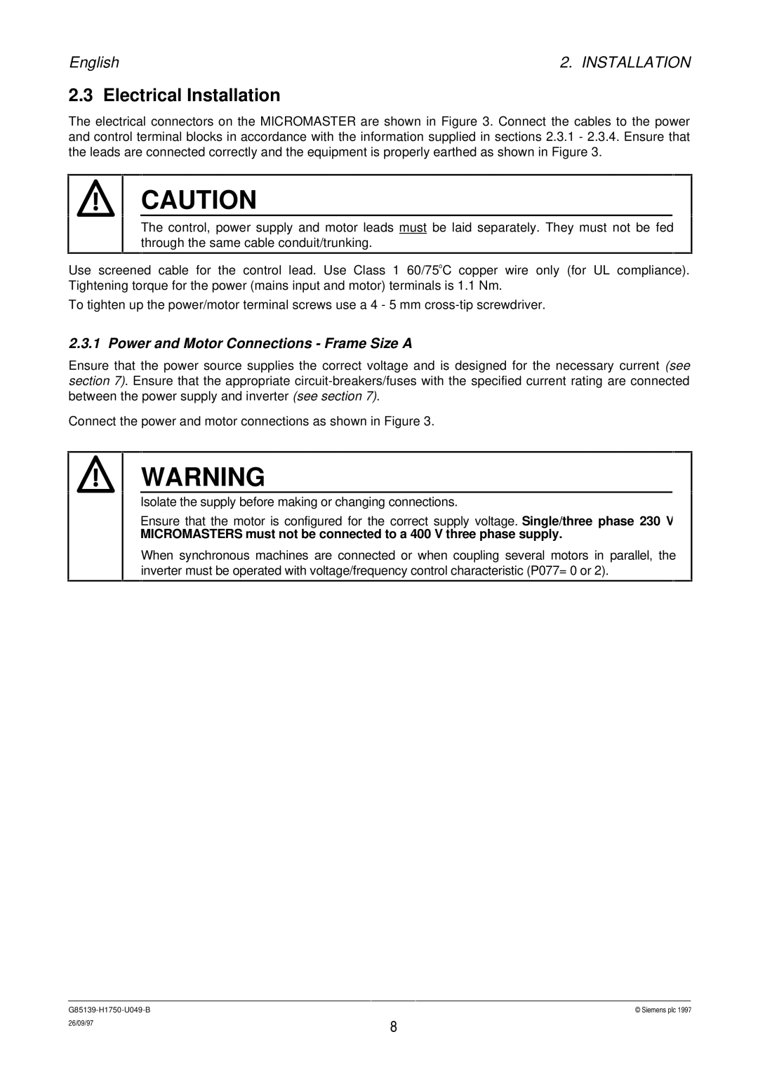 Siemens G85139 operating instructions Electrical Installation, Power and Motor Connections Frame Size a 