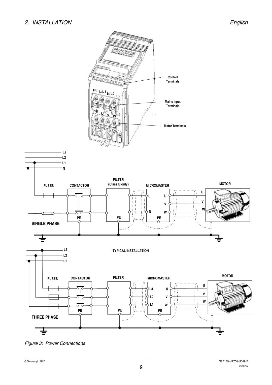 Siemens G85139 operating instructions Single Phase, Power Connections 