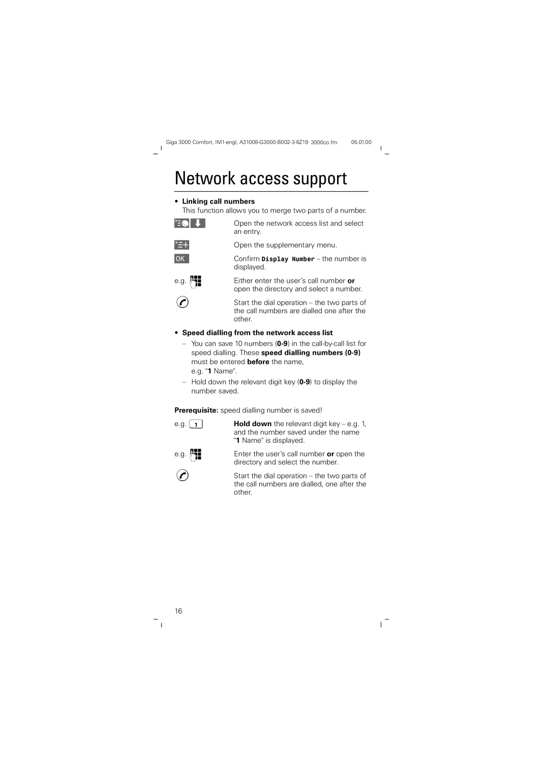 Siemens Giga 3000 Network access support, Linking call numbers, Speed dialling from the network access list 