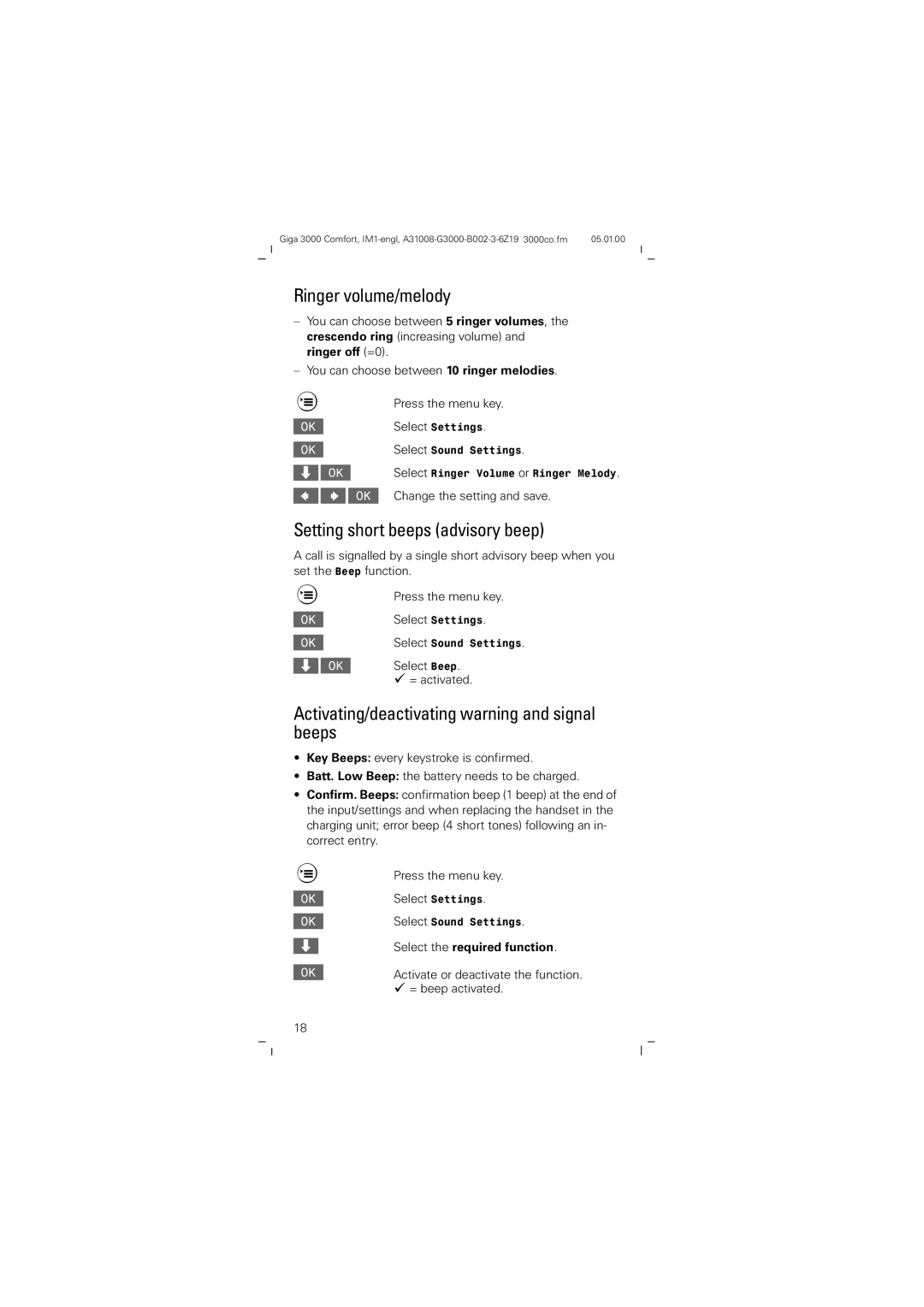 Siemens Giga 3000 Ringer volume/melody, Setting short beeps advisory beep, Select the required function 