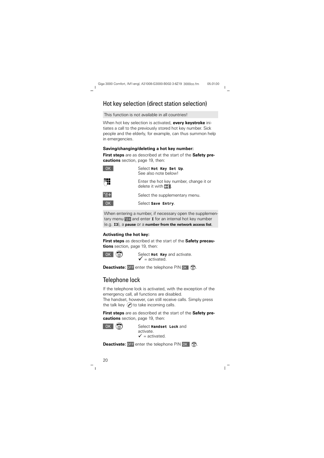 Siemens Giga 3000 Hot key selection direct station selection, Telephone lock, Saving/changing/deleting a hot key number 