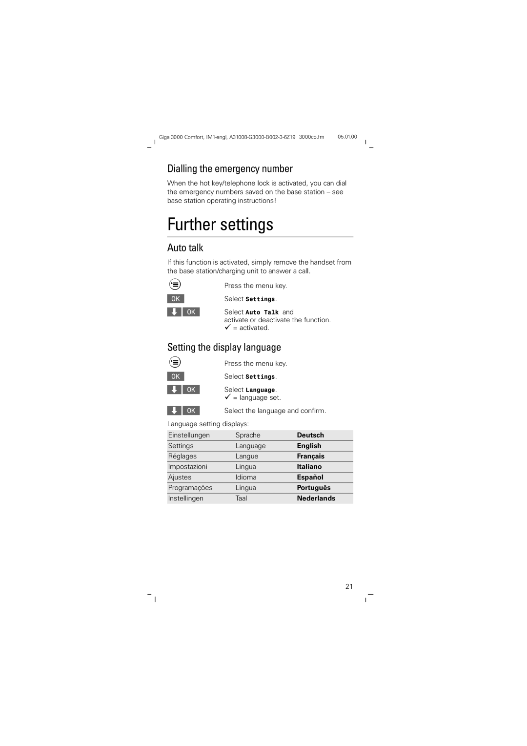 Siemens Giga 3000 Further settings, Dialling the emergency number, Auto talk, Setting the display language 