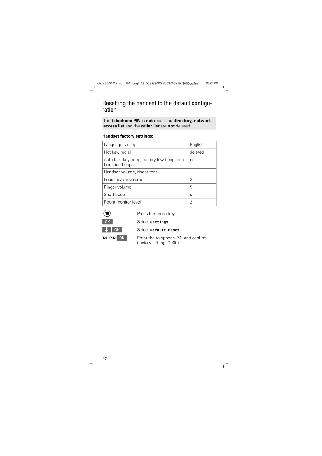 Siemens Giga 3000 operating instructions Resetting the handset to the default configu- ration, Handset factory settings 