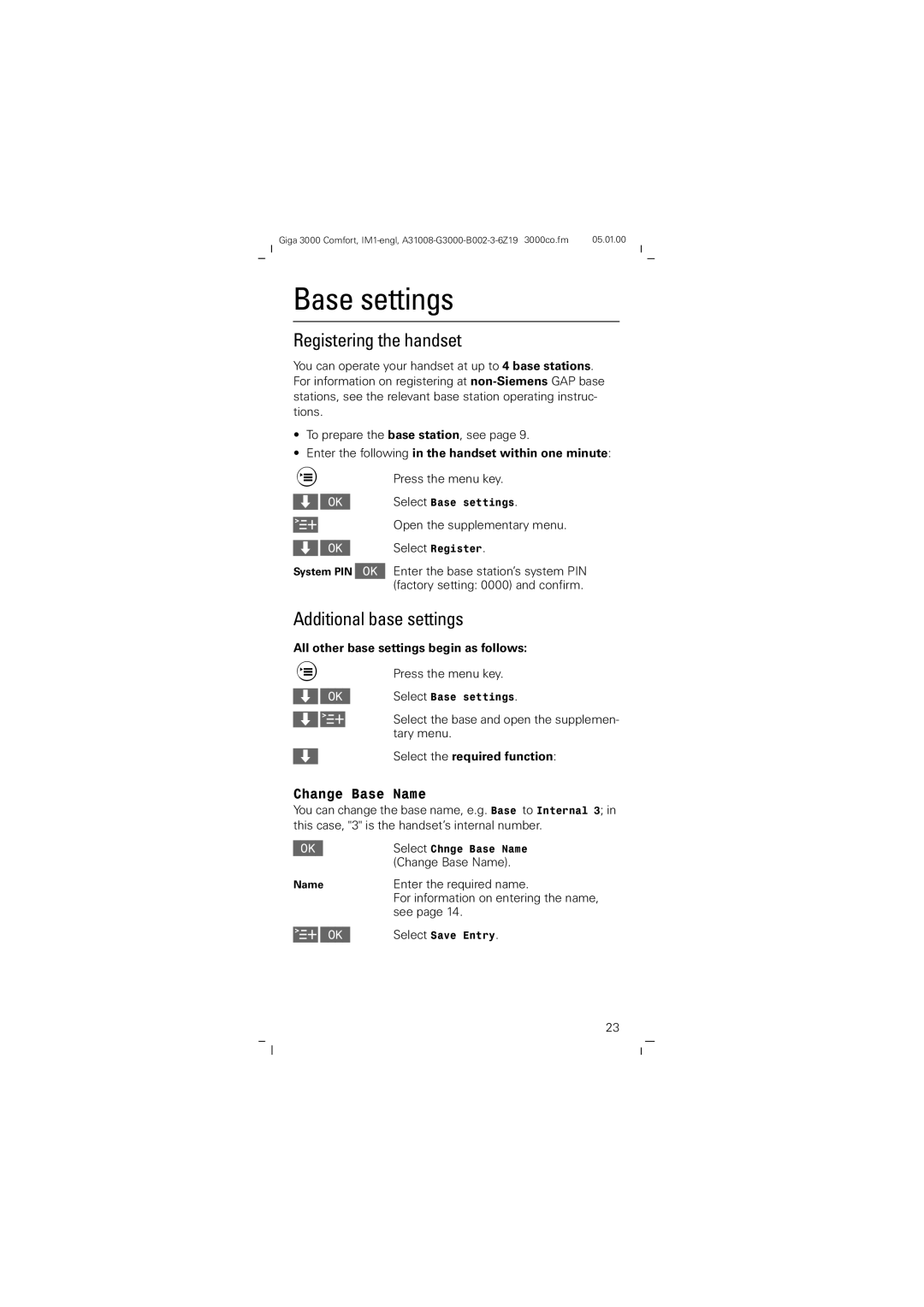 Siemens Giga 3000 operating instructions Base settings, Registering the handset, Additional base settings 