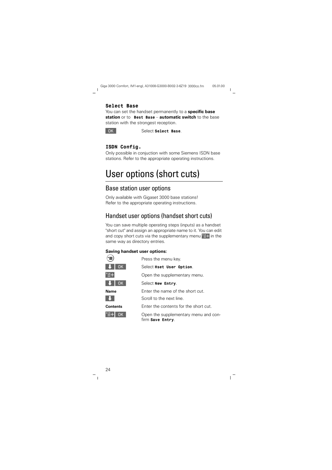 Siemens Giga 3000 Base station user options, Handset user options handset short cuts, Saving handset user options 