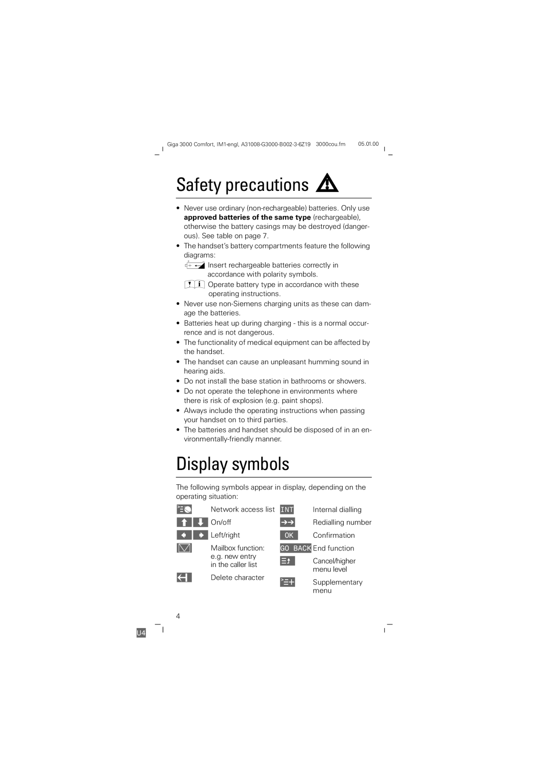 Siemens Giga 3000 operating instructions Safety precautions, Display symbols, Ö2. 