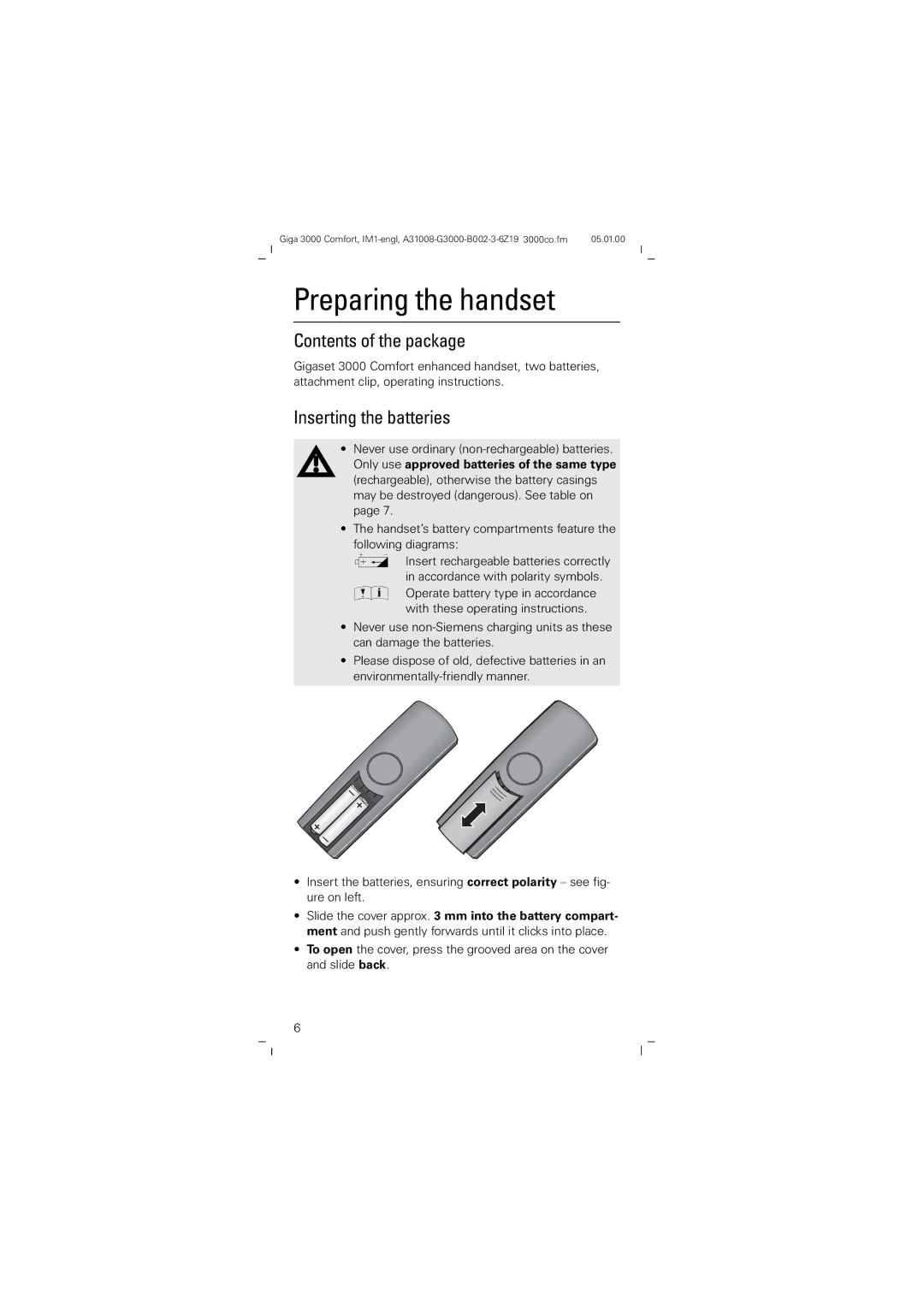 Siemens Giga 3000 operating instructions Preparing the handset, Contents of the package, Inserting the batteries 