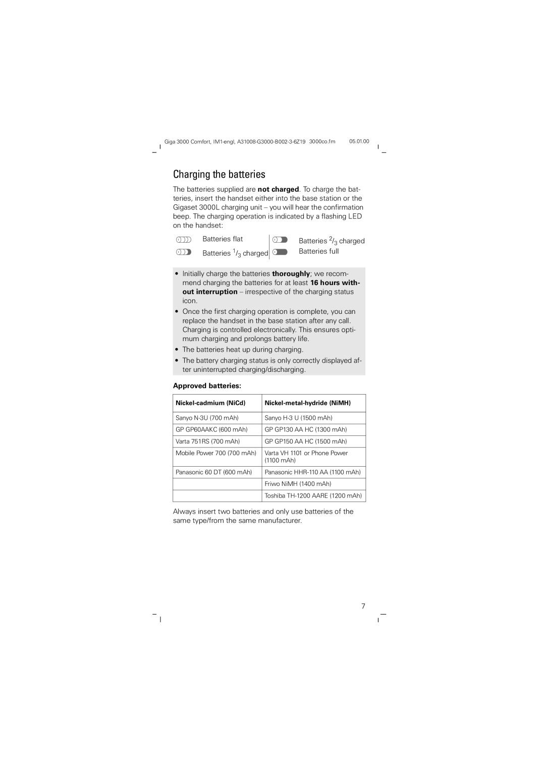 Siemens Giga 3000 operating instructions Charging the batteries, Approved batteries 