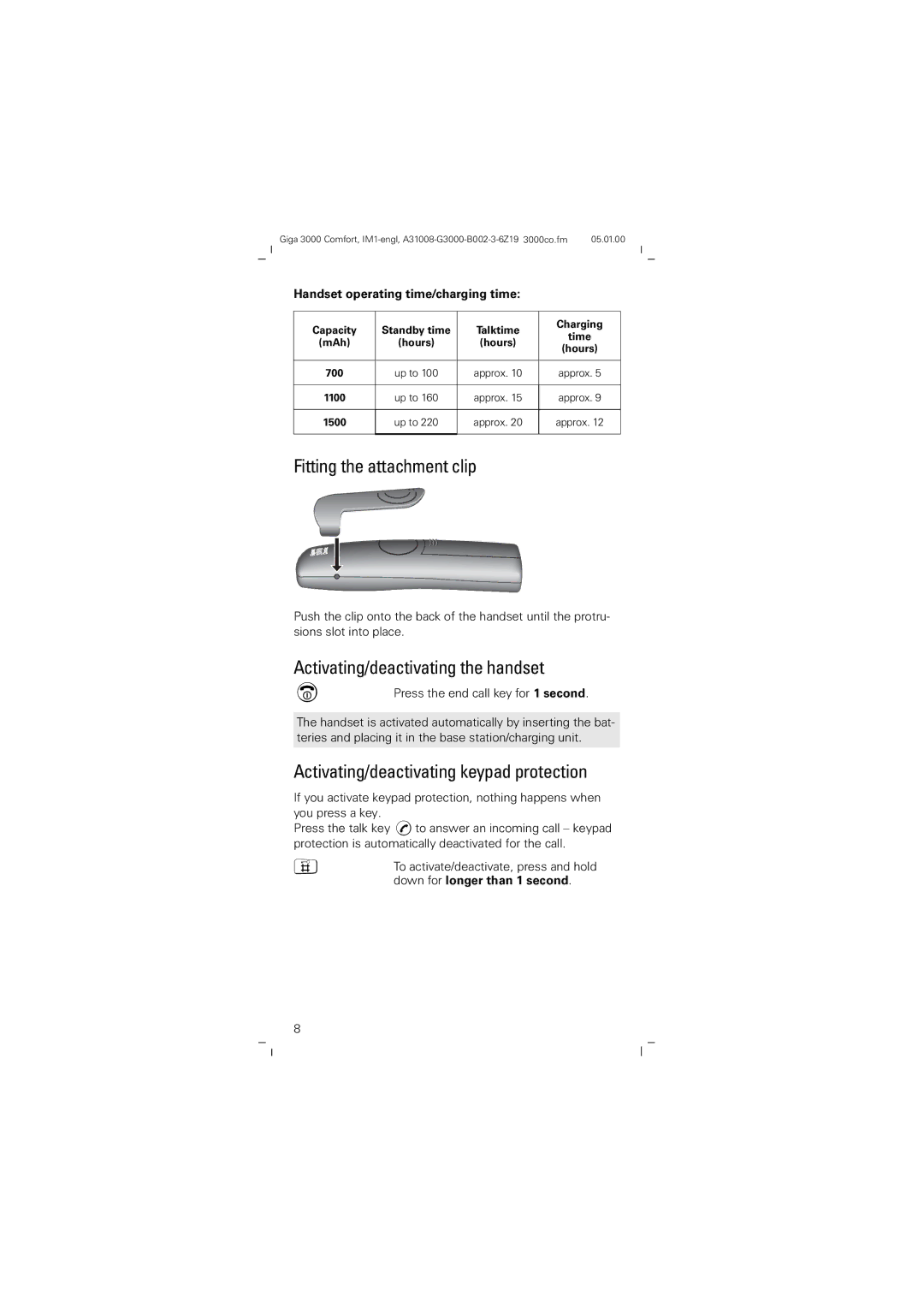 Siemens Giga 3000 Fitting the attachment clip, Activating/deactivating the handset, Handset operating time/charging time 