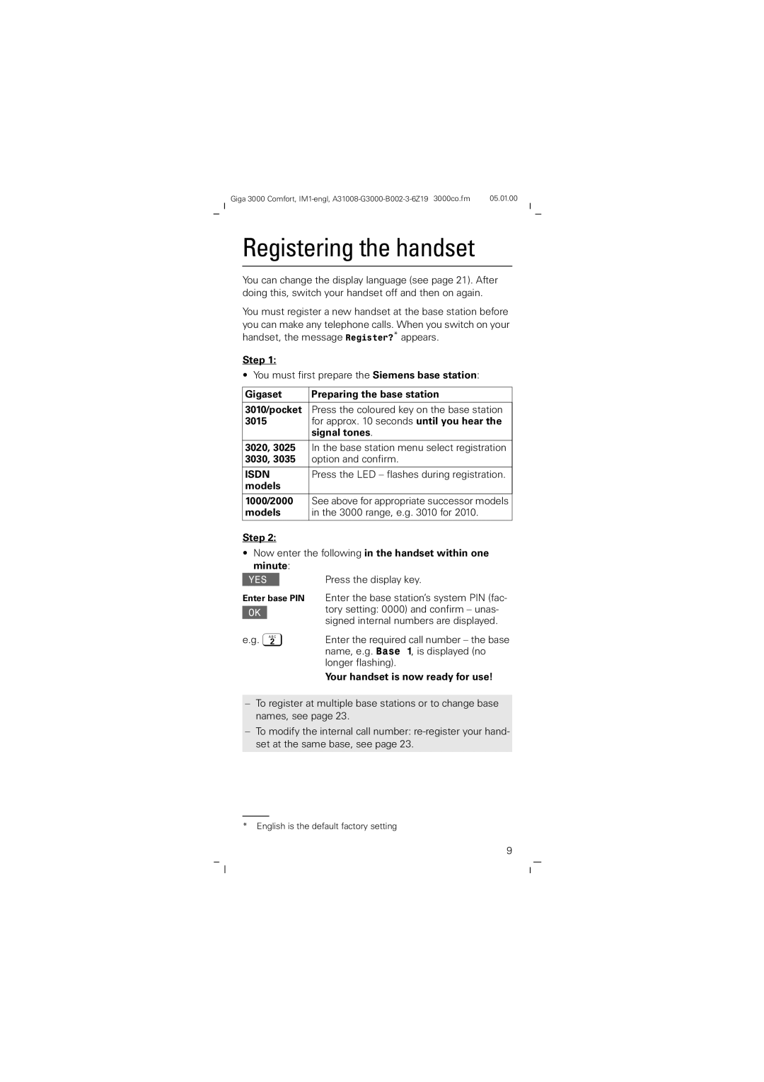 Siemens Giga 3000 operating instructions Registering the handset 