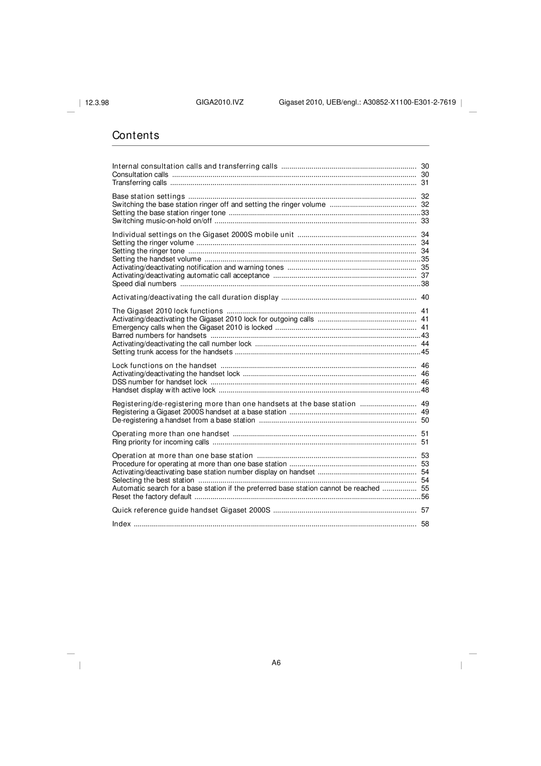 Siemens Gigaset 2010 operating instructions Contents 