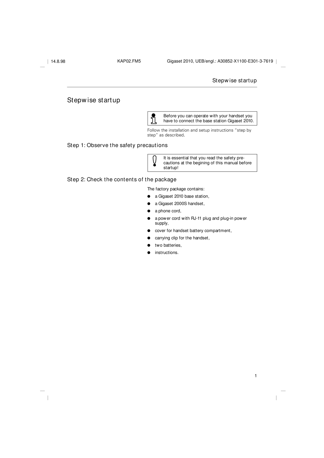 Siemens Gigaset 2010 Stepwise startup, Observe the safety precautions, Check the contents of the package 