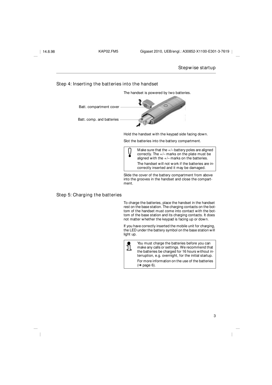 Siemens Gigaset 2010 Stepwise startup Inserting the batteries into the handset, Charging the batteries 