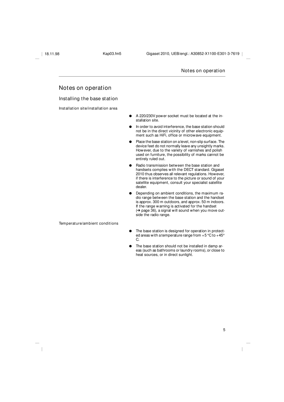 Siemens Gigaset 2010 Installing the base station, Installation site/installation area, Temperature/ambient conditions 