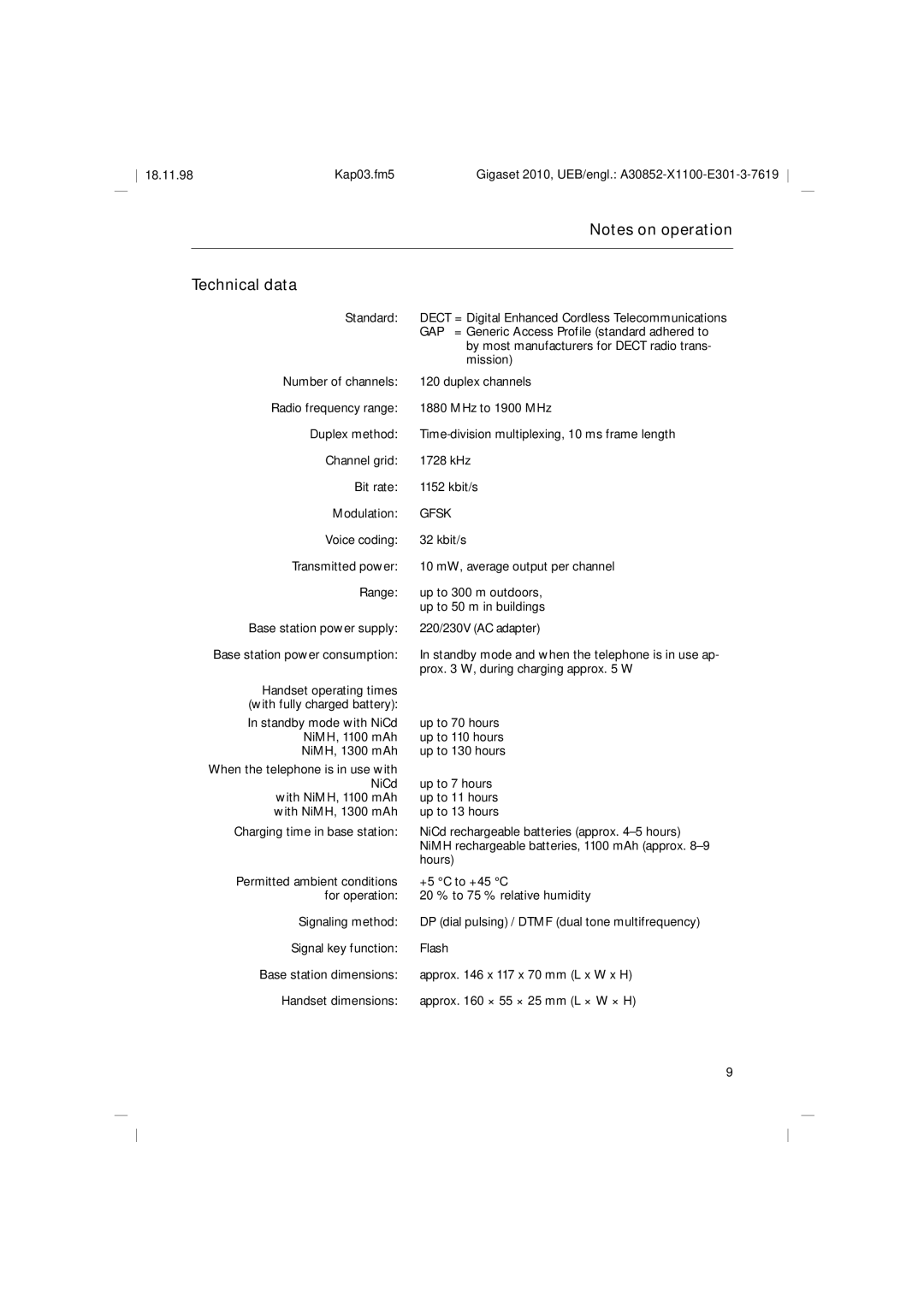 Siemens Gigaset 2010 operating instructions Technical data, Gfsk 