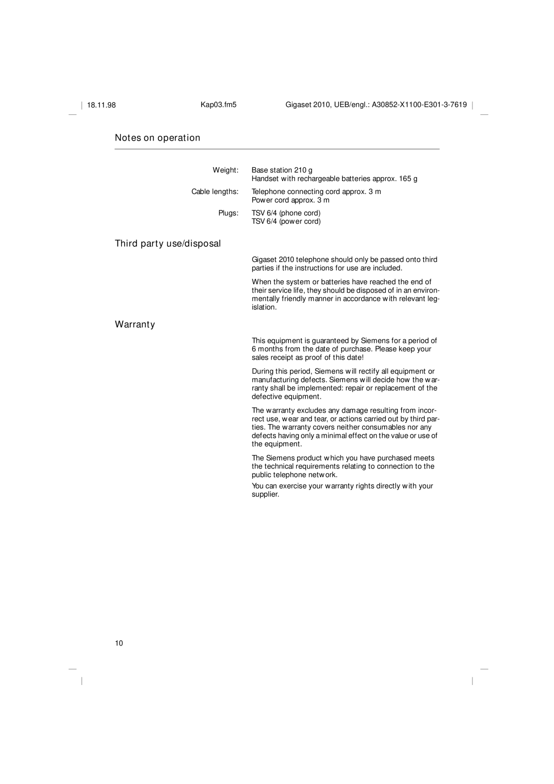 Siemens Gigaset 2010 operating instructions Third party use/disposal, Warranty 