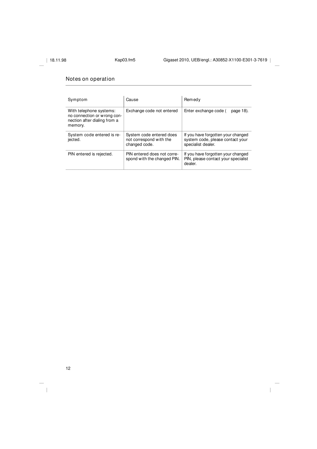 Siemens Gigaset 2010 operating instructions With telephone systems Exchange code not entered 