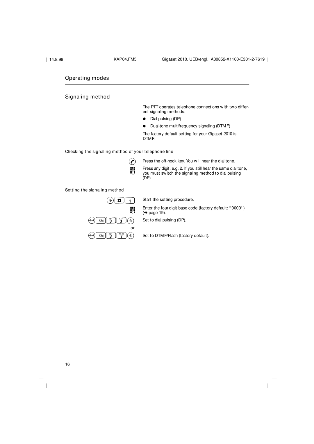 Siemens Gigaset 2010 Operating modes Signaling method, Checking the signaling method of your telephone line 