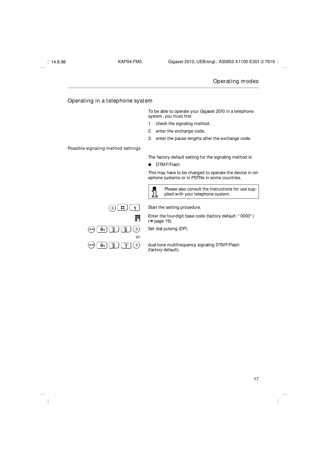 Siemens Gigaset 2010 Operating modes Operating in a telephone system, O037 B, Possible signaling method settings 