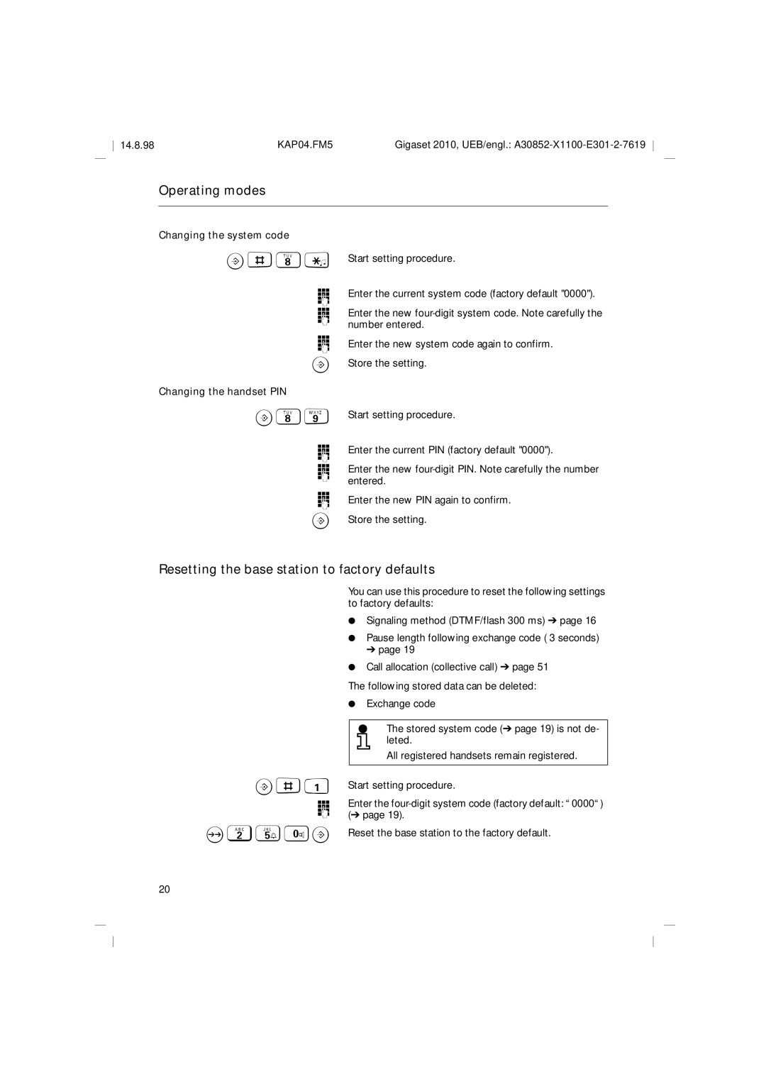 Siemens Gigaset 2010 B89, Resetting the base station to factory defaults, 250B, Changing the system code 