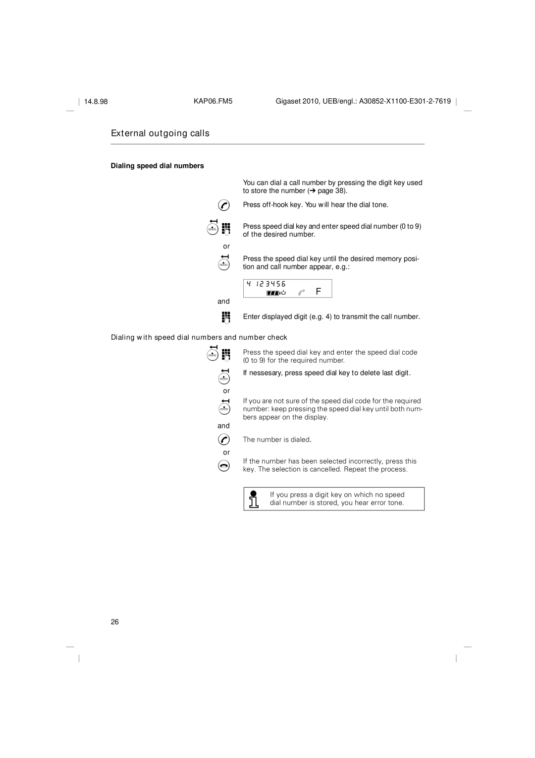 Siemens Gigaset 2010 operating instructions Dialing speed dial numbers, Dialing with speed dial numbers and number check 