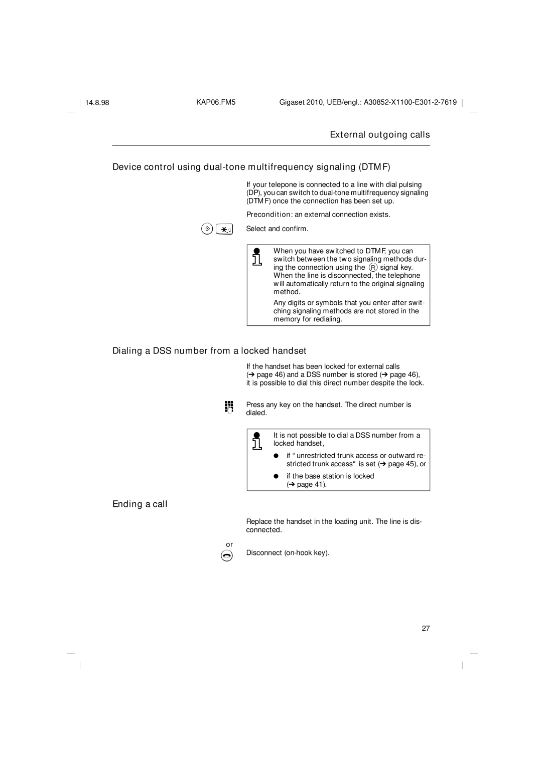 Siemens Gigaset 2010 operating instructions Dialing a DSS number from a locked handset, Ending a call 