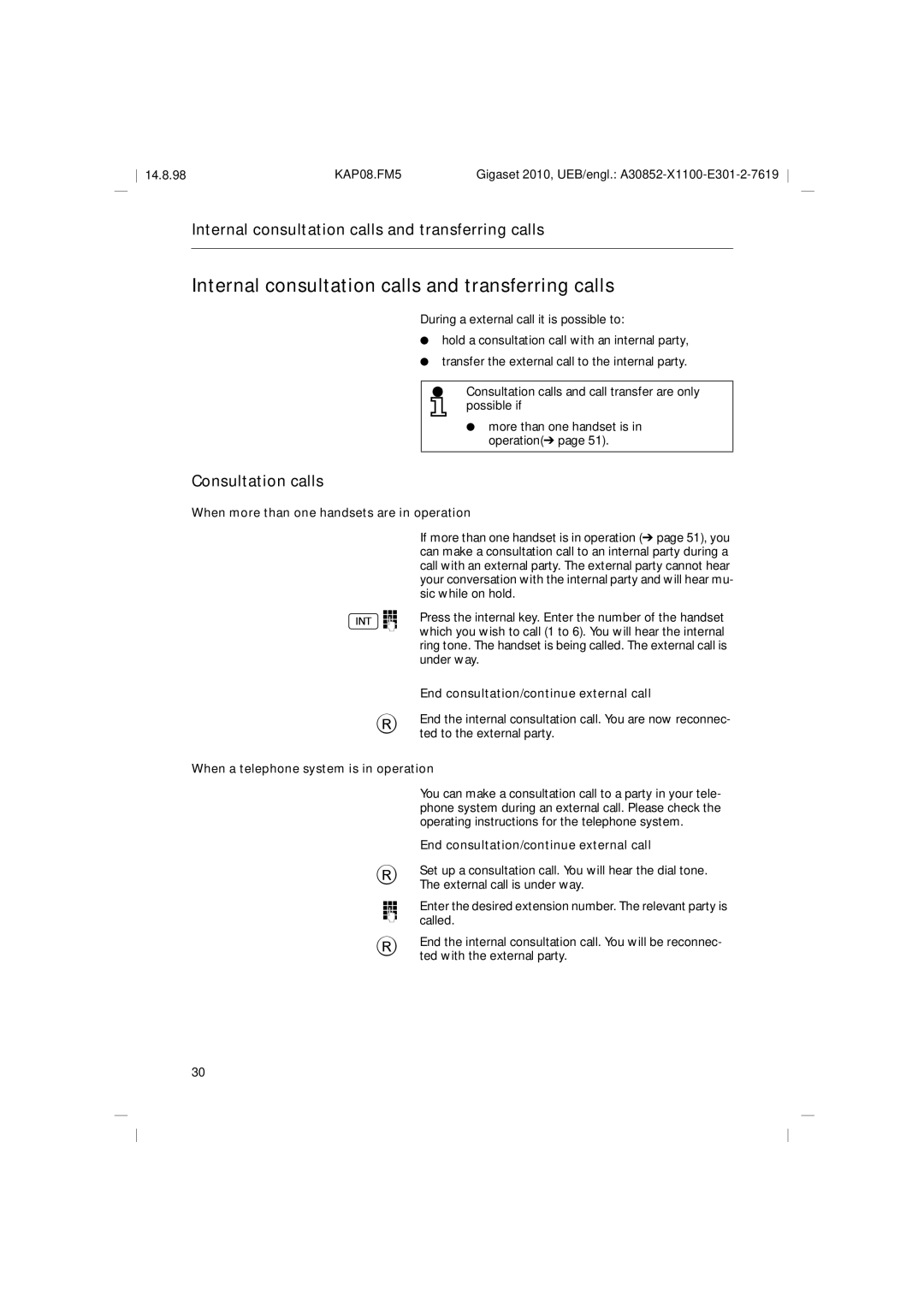 Siemens Gigaset 2010 operating instructions Internal consultation calls and transferring calls, Consultation calls 