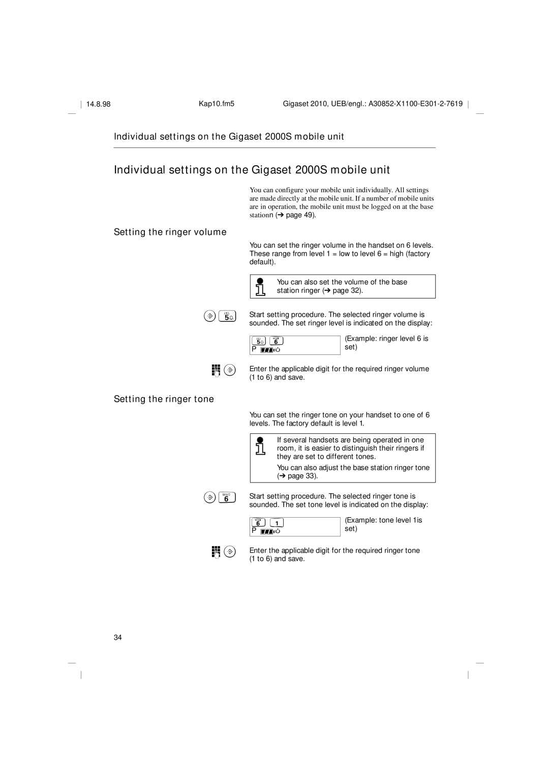 Siemens Gigaset 2010 operating instructions Individual settings on the Gigaset 2000S mobile unit, Setting the ringer volume 