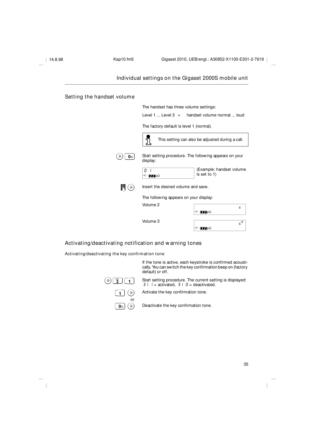 Siemens Gigaset 2010 operating instructions Activating/deactivating notification and warning tones, B31, Volume 