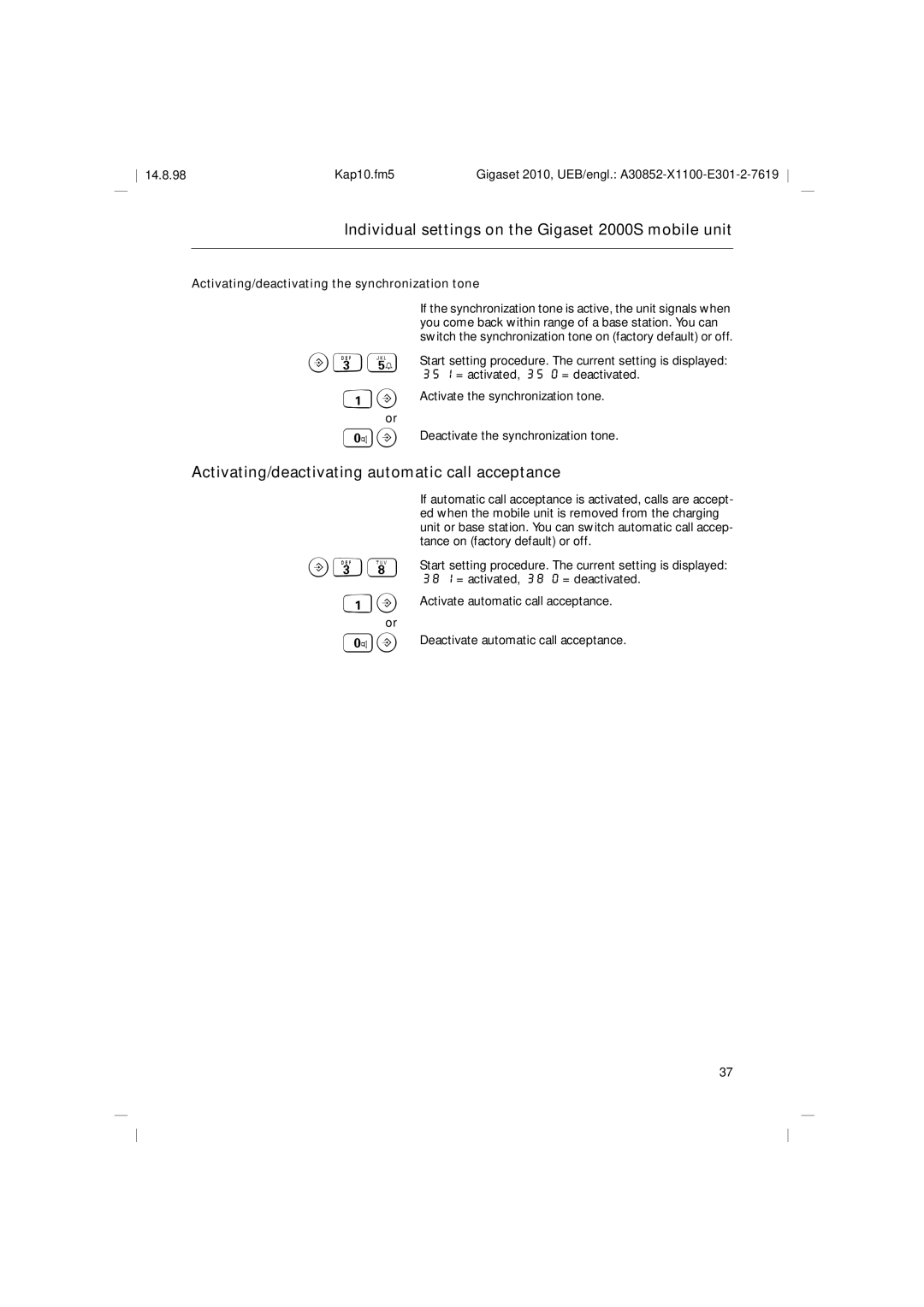 Siemens Gigaset 2010 operating instructions B35, Activating/deactivating automatic call acceptance B38 