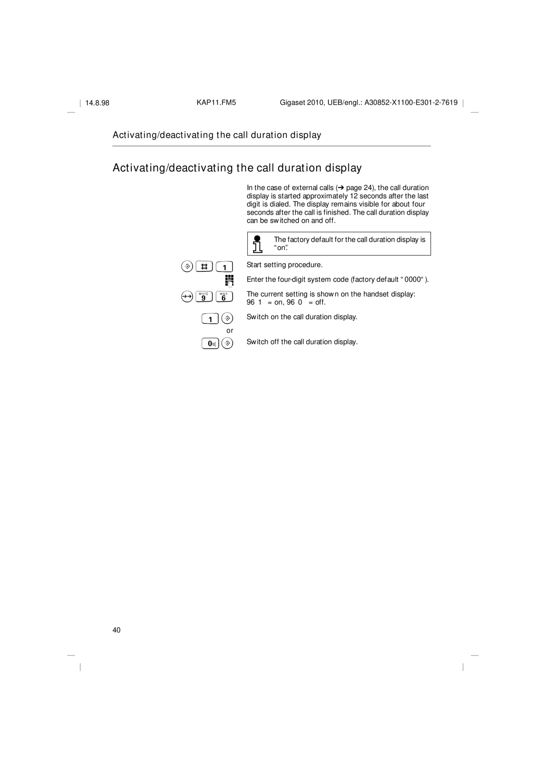 Siemens Gigaset 2010 operating instructions Activating/deactivating the call duration display, O96 