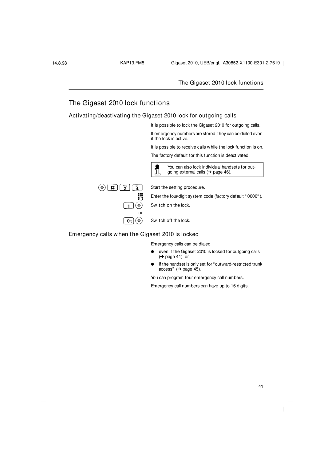 Siemens operating instructions Gigaset 2010 lock functions, Emergency calls when the Gigaset 2010 is locked 