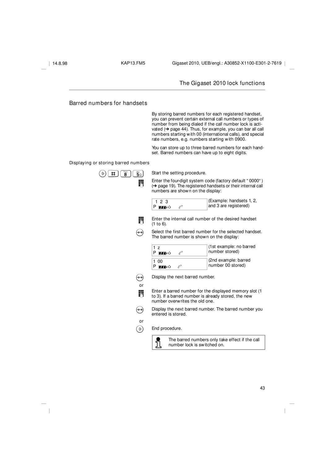 Siemens Gigaset 2010 lock functions Barred numbers for handsets, FN b, Displaying or storing barred numbers 