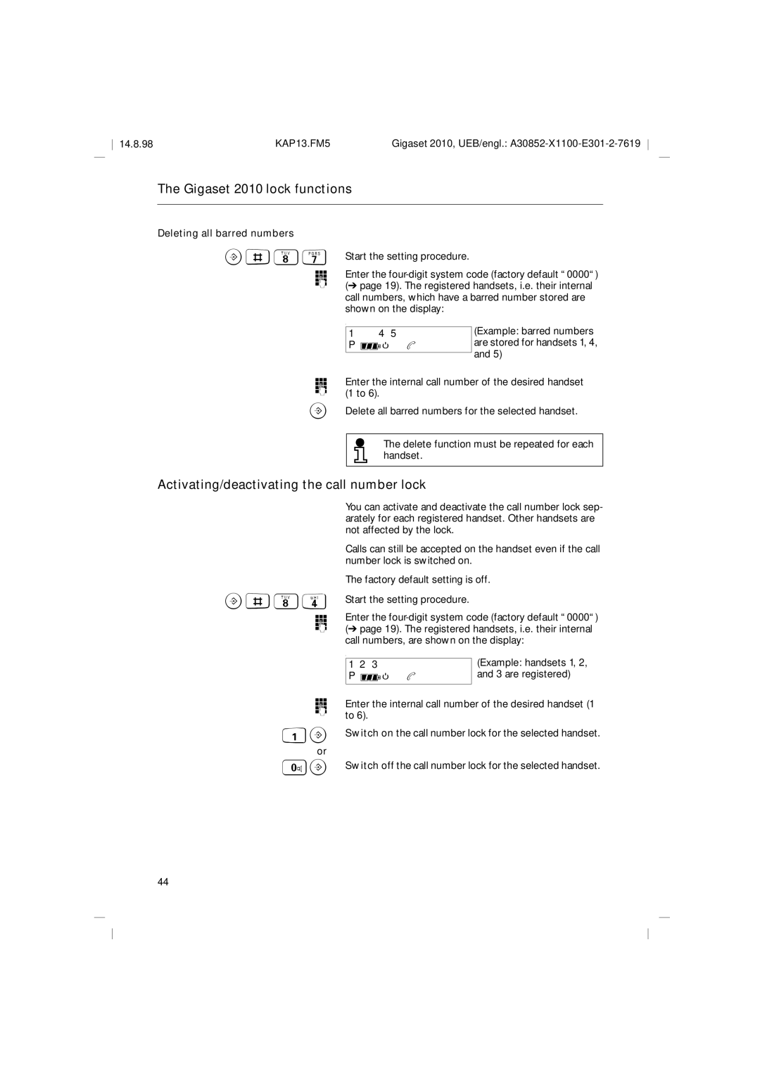 Siemens Gigaset 2010 operating instructions Activating/deactivating the call number lock, Deleting all barred numbers 