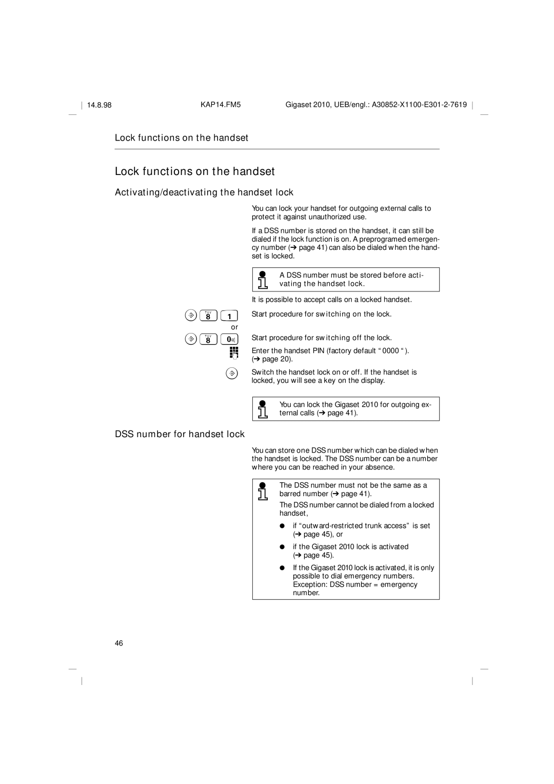 Siemens Gigaset 2010 operating instructions Lock functions on the handset, Activating/deactivating the handset lock B81 B80 