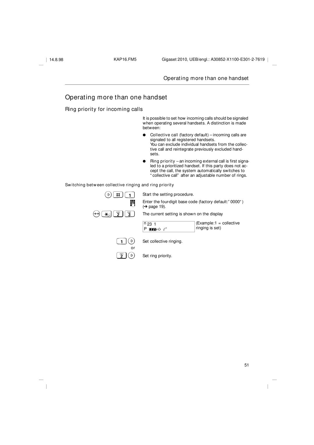 Siemens Gigaset 2010 operating instructions Operating more than one handset, Ring priority for incoming calls, FNb 