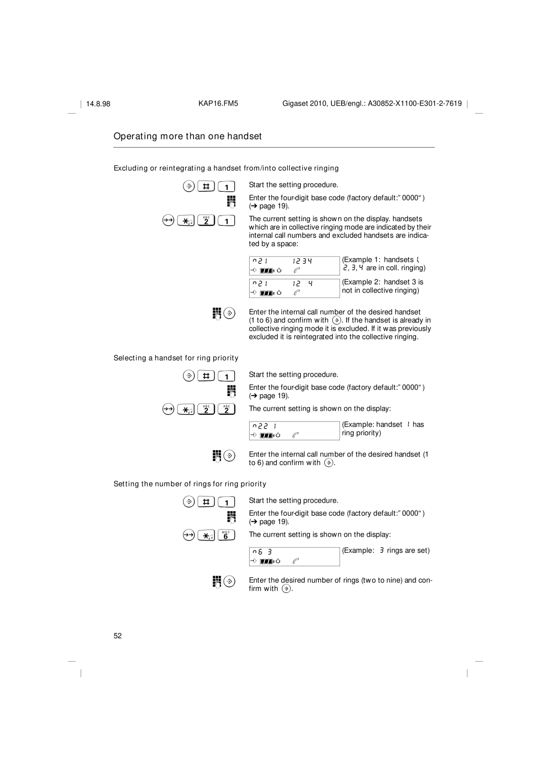 Siemens Gigaset 2010 Selecting a handset for ring priority, Setting the number of rings for ring priority 