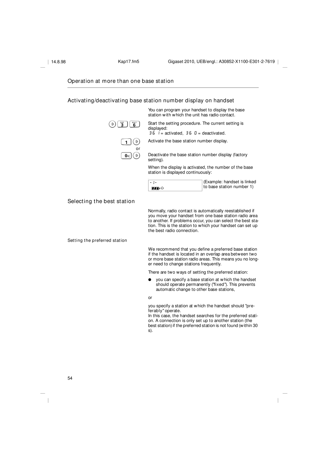 Siemens Gigaset 2010 operating instructions Selecting the best station, Setting the preferred station 