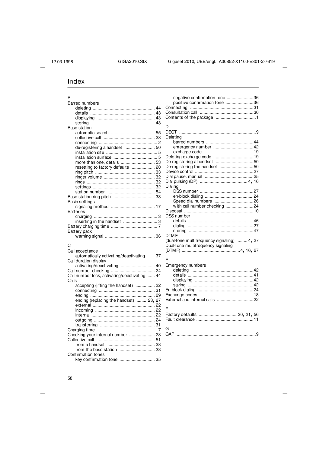 Siemens Gigaset 2010 operating instructions Index 