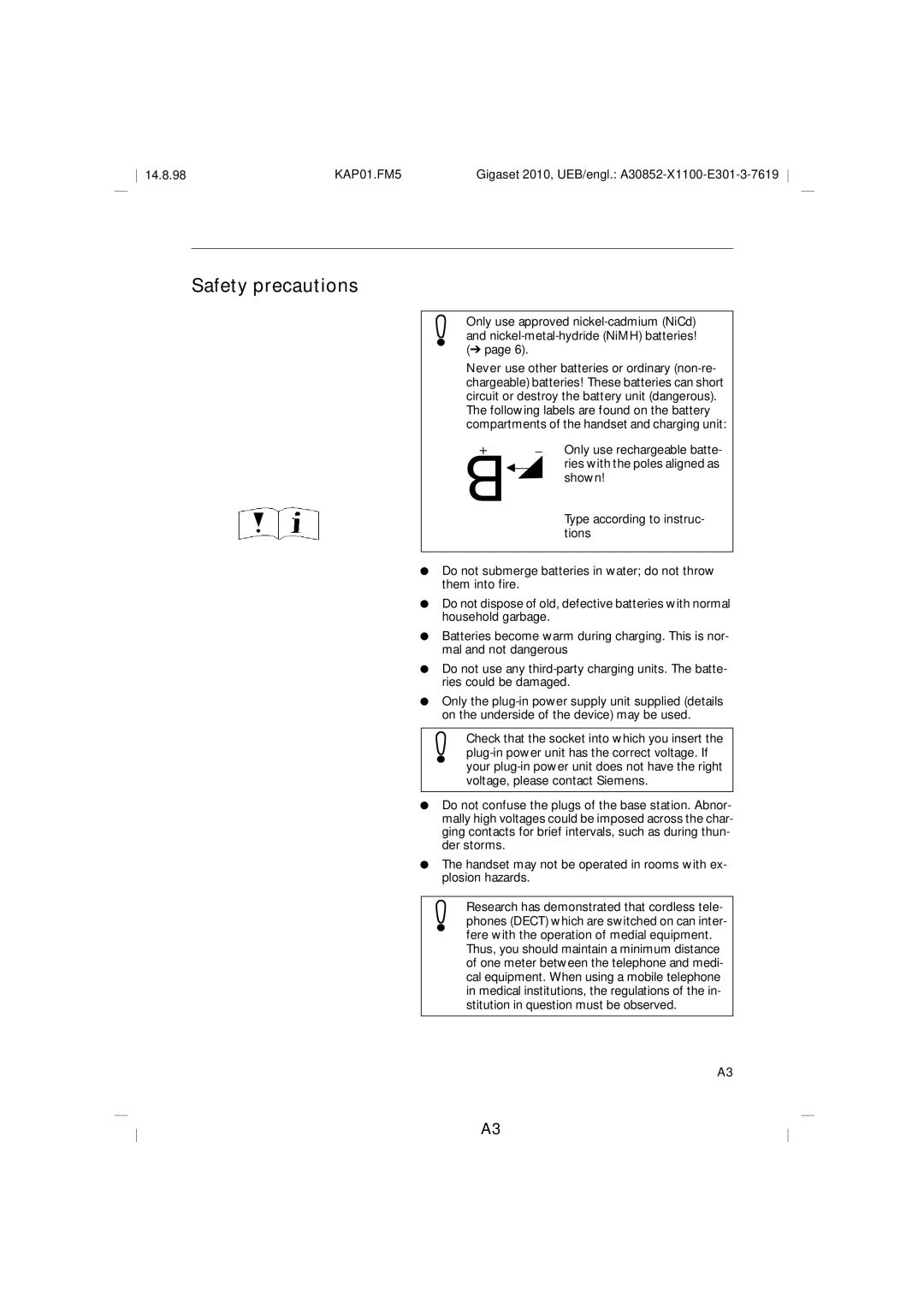 Siemens Gigaset 2010 operating instructions Safety precautions 