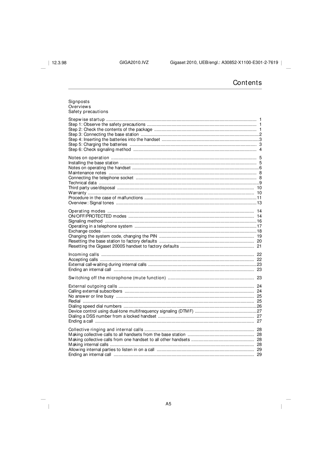 Siemens Gigaset 2010 operating instructions Contents 