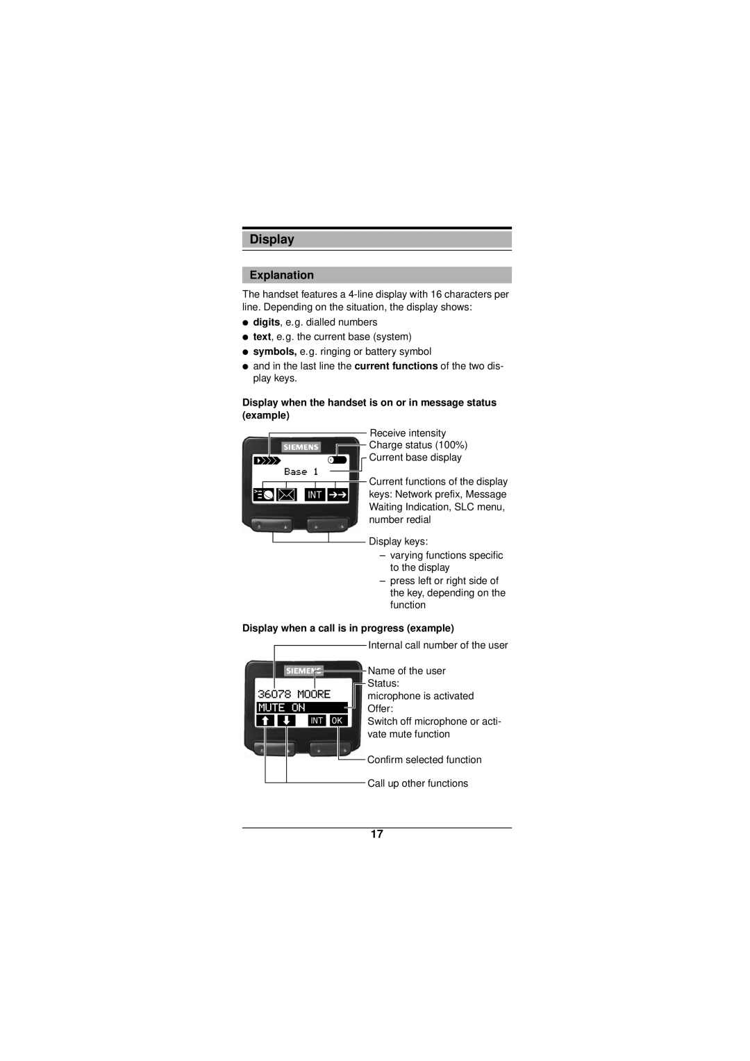 Siemens Gigaset 3000 operating instructions Explanation, Display when the handset is on or in message status example 