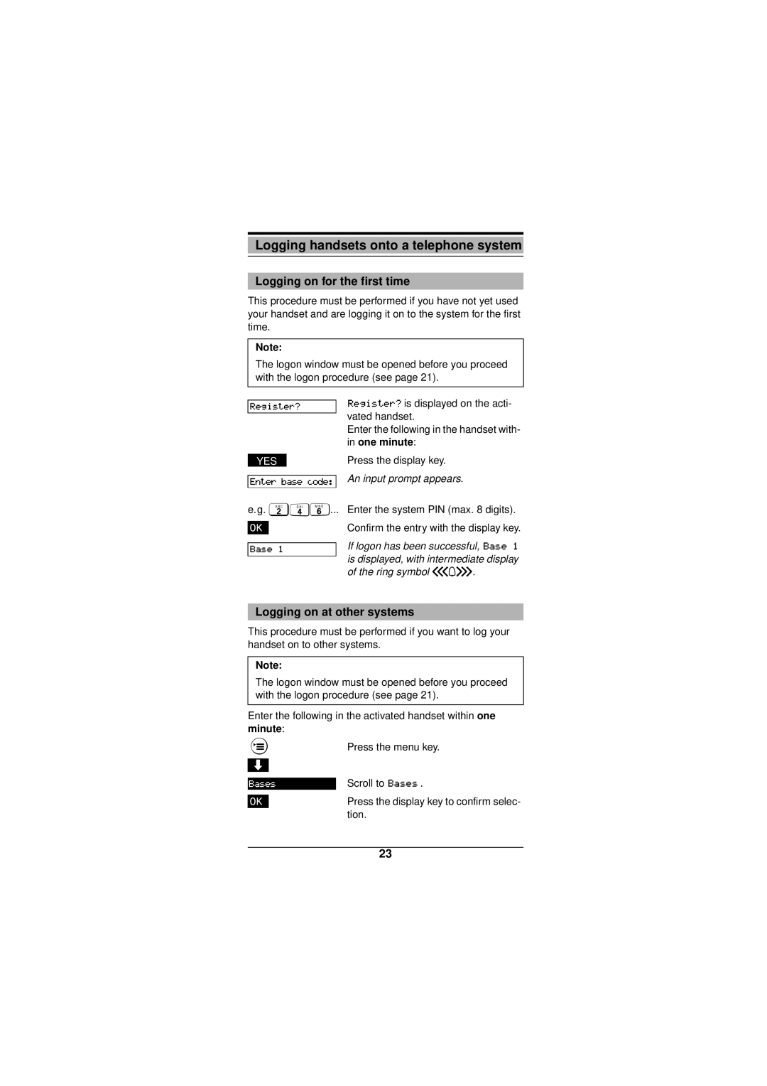 Siemens Gigaset 3000 operating instructions Logging on for the first time, Logging on at other systems, Ring symbol, Minute 