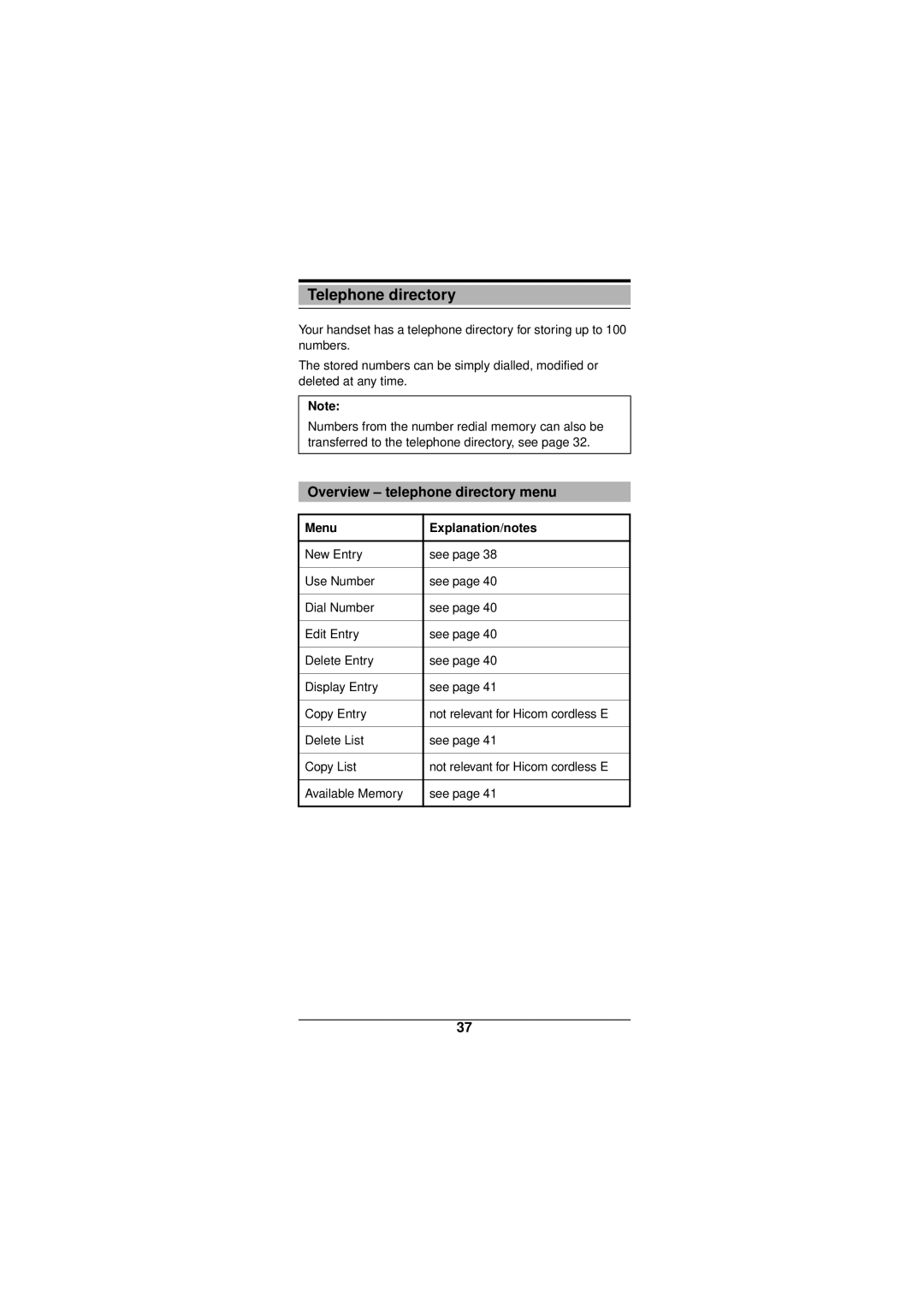 Siemens Gigaset 3000 operating instructions Telephone directory, Overview telephone directory menu, Menu Explanation/notes 