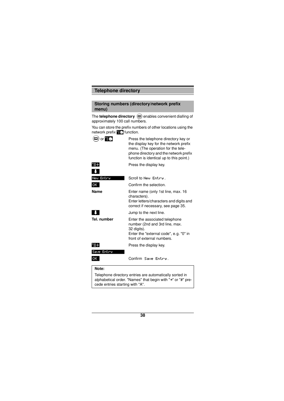 Siemens Gigaset 3000 operating instructions Storing numbers directory/network prefix menu, Name, Tel. number 