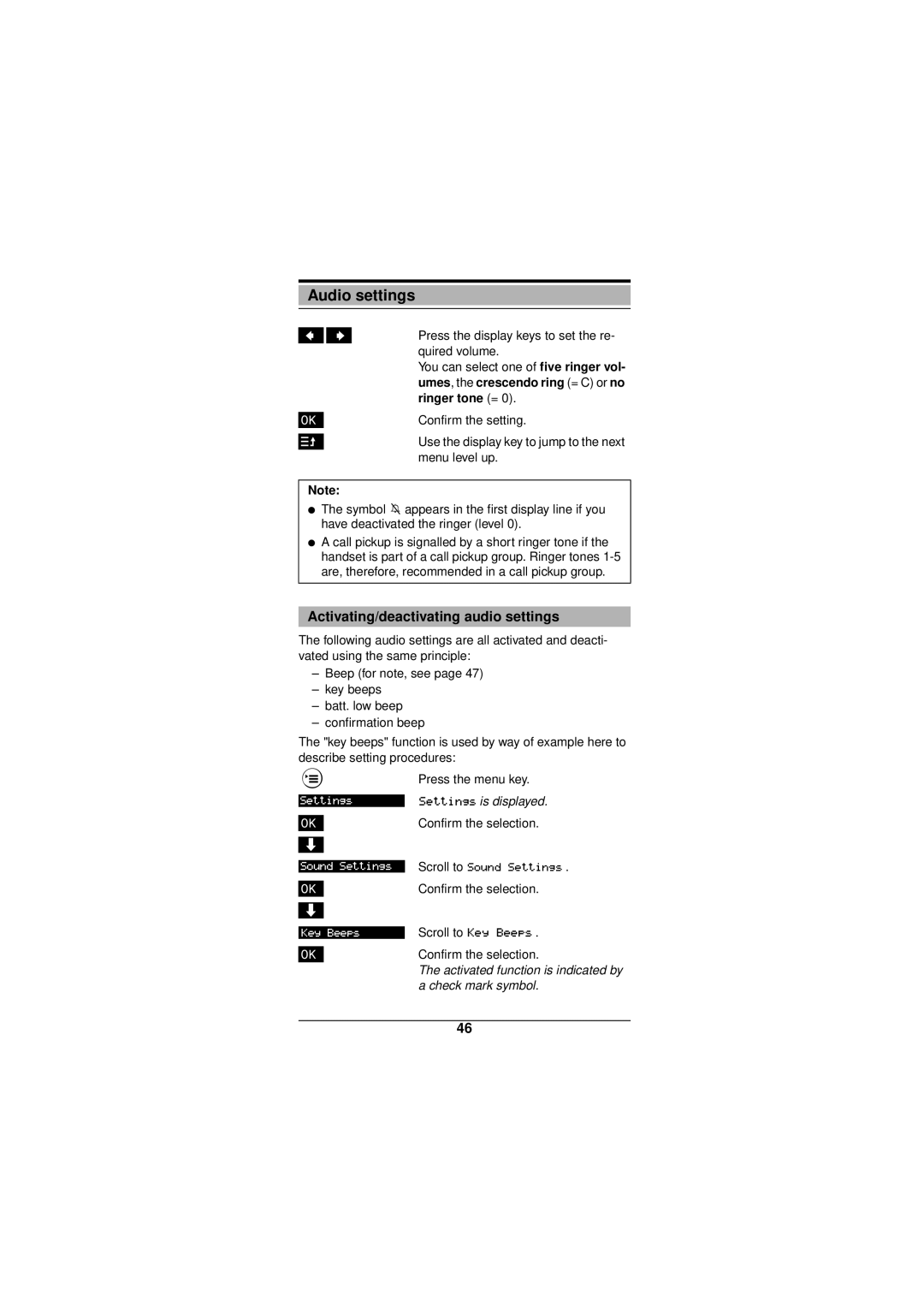 Siemens Gigaset 3000 Activating/deactivating audio settings, Activated function is indicated by a check mark symbol 