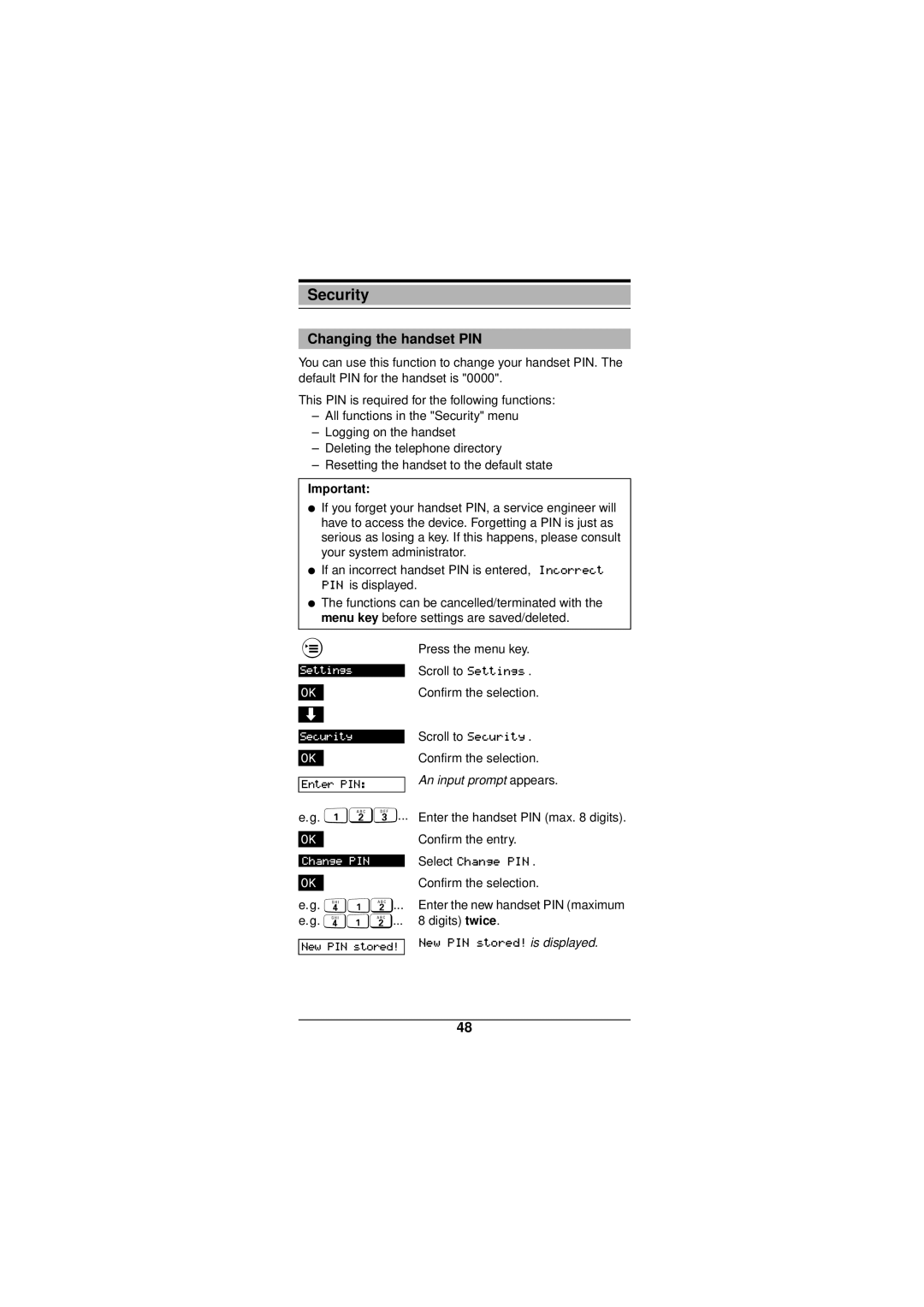 Siemens Gigaset 3000 operating instructions Security, Changing the handset PIN 