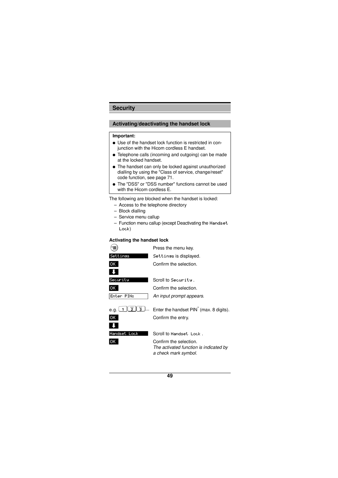 Siemens Gigaset 3000 operating instructions Activating/deactivating the handset lock, Activating the handset lock 